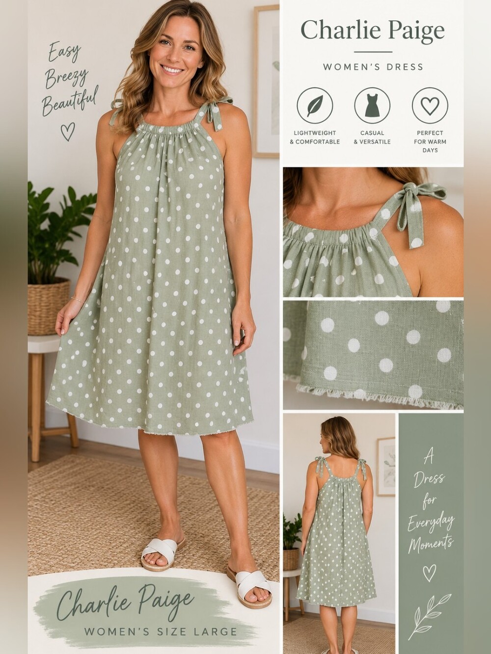 Charlie Paige Women's large green polkadot knee length dress #30